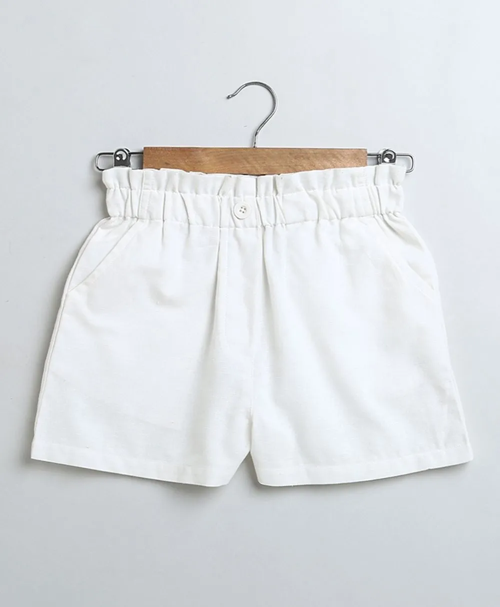 Denim Floral Embroidery Top & White Linen Shorts Co-ord Set
