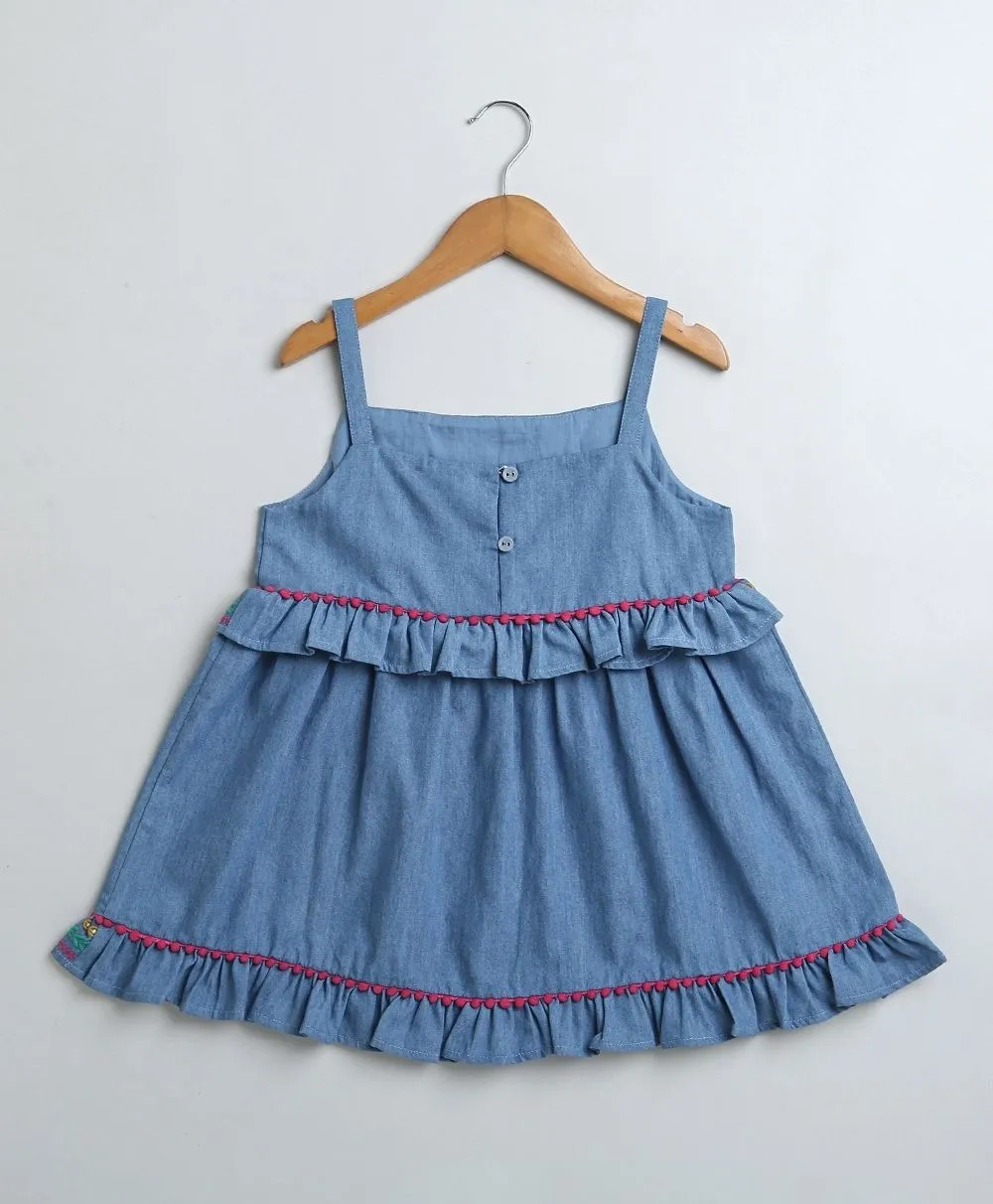Denim Floral Embroidery Top & White Linen Shorts Co-ord Set