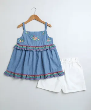 Denim Floral Embroidery Top & White Linen Shorts Co-ord Set