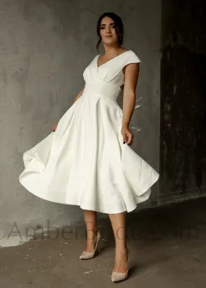 Elegant A-Line Tea Length Short Satin Dress with Cap Sleeves and Open Back