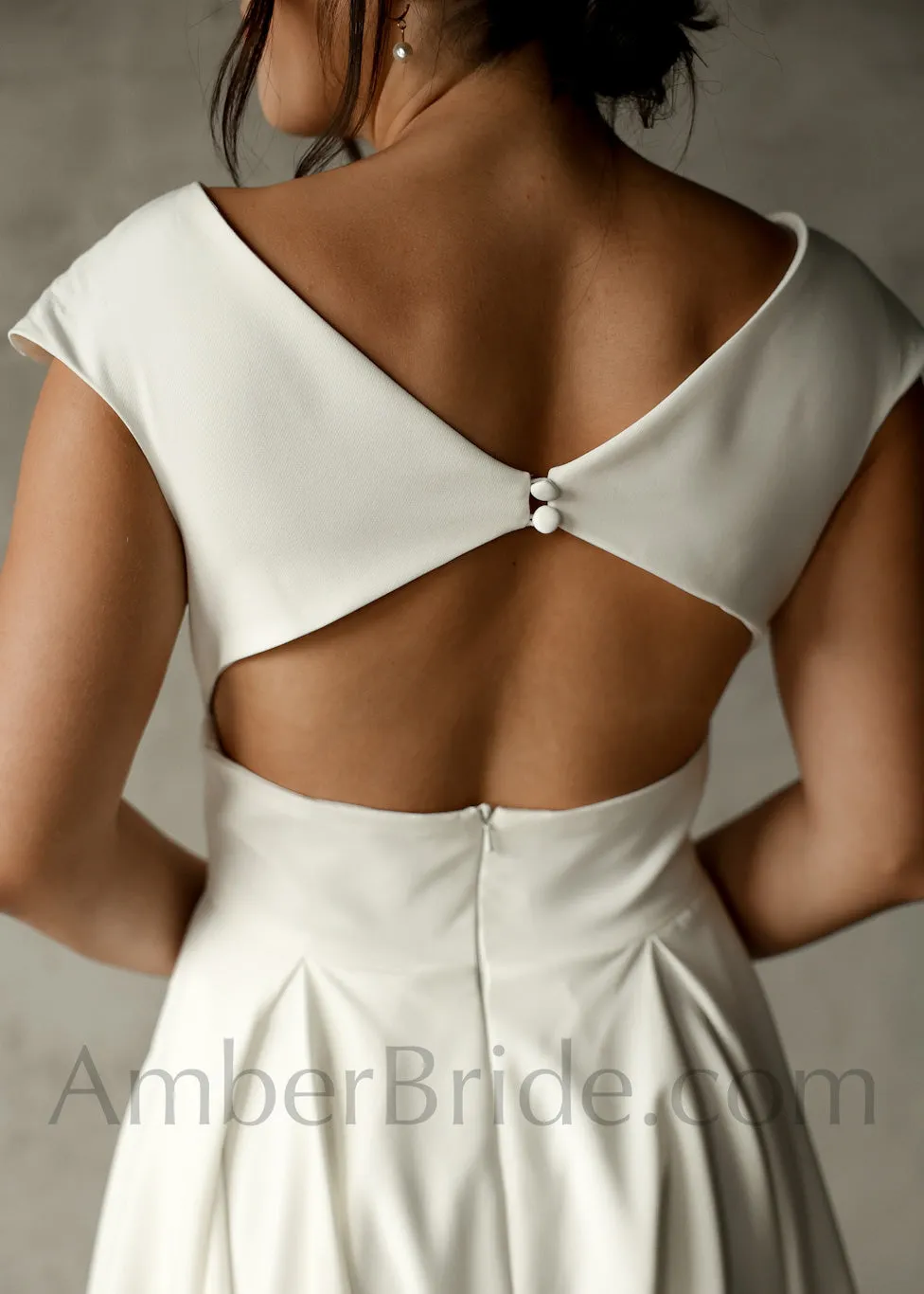 Elegant A-Line Tea Length Short Satin Dress with Cap Sleeves and Open Back