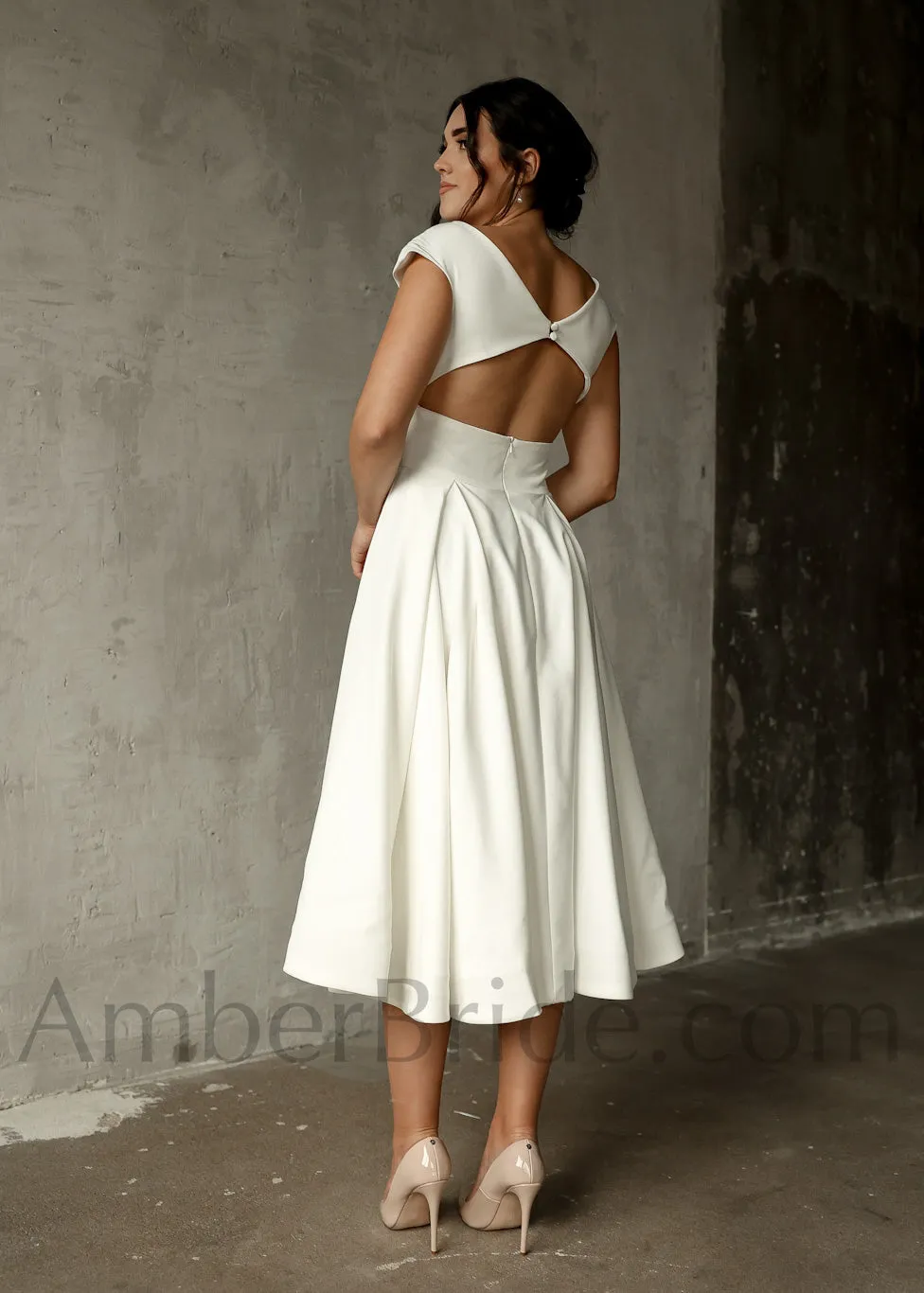 Elegant A-Line Tea Length Short Satin Dress with Cap Sleeves and Open Back