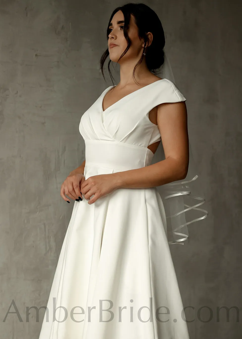 Elegant A-Line Tea Length Short Satin Dress with Cap Sleeves and Open Back