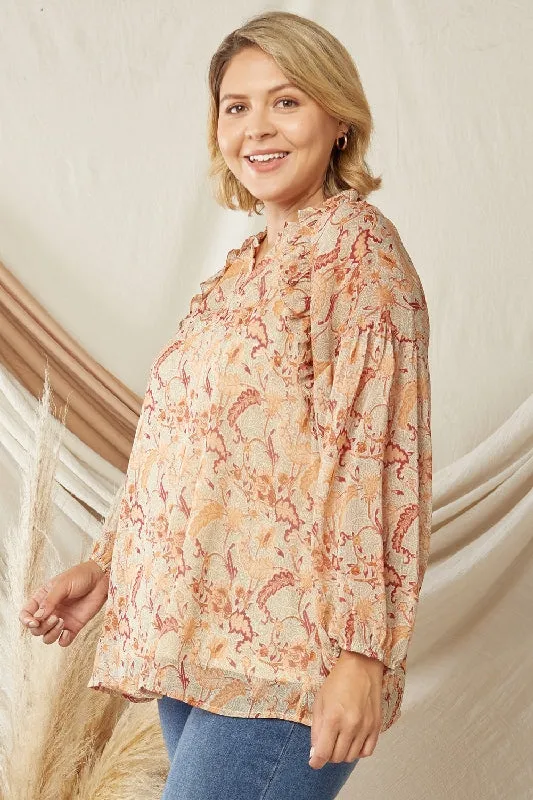Entro Puff Sleeve Print Blouse - Natural