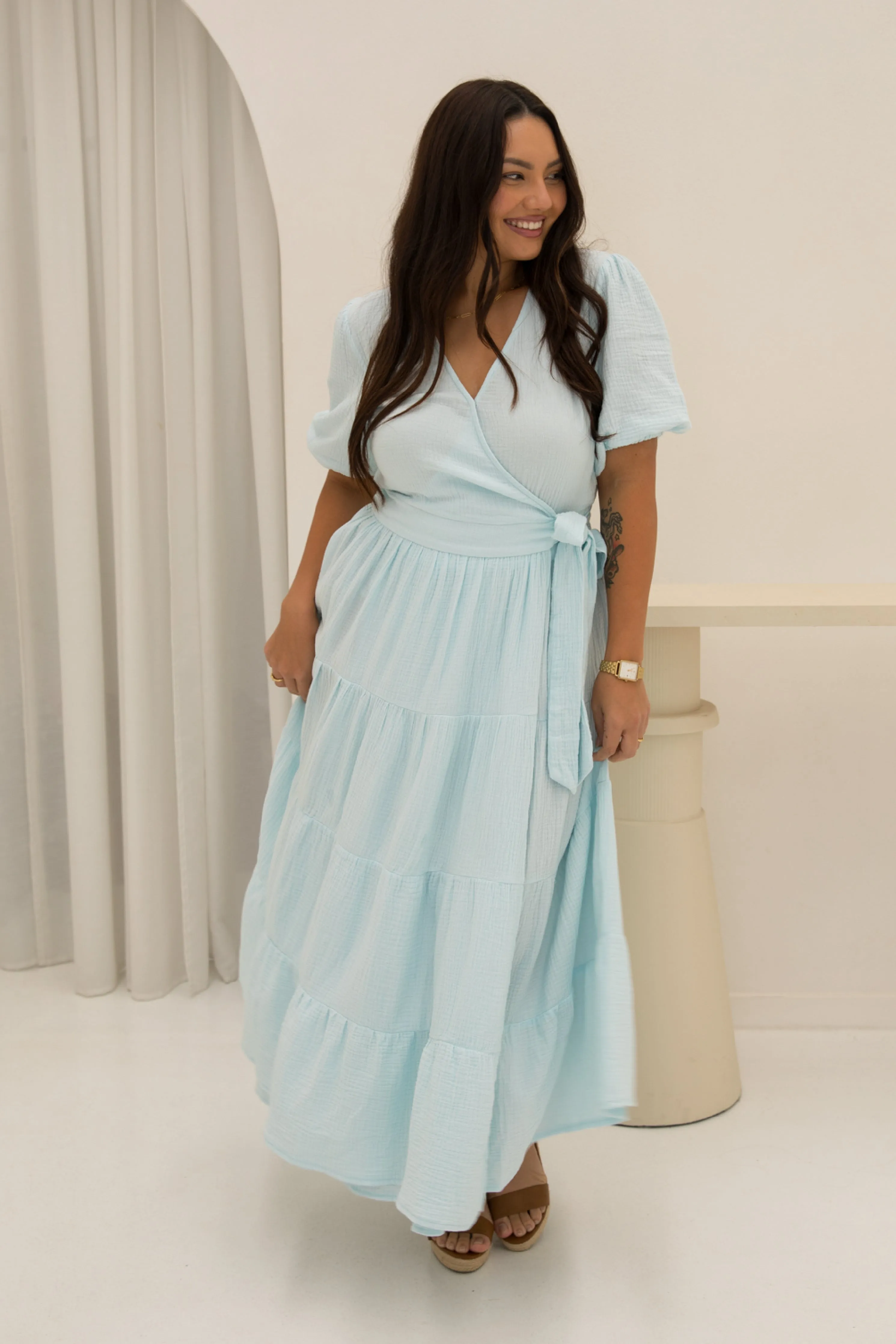 FINAL SALE Ruffle Wrap Dress in Powder Blue