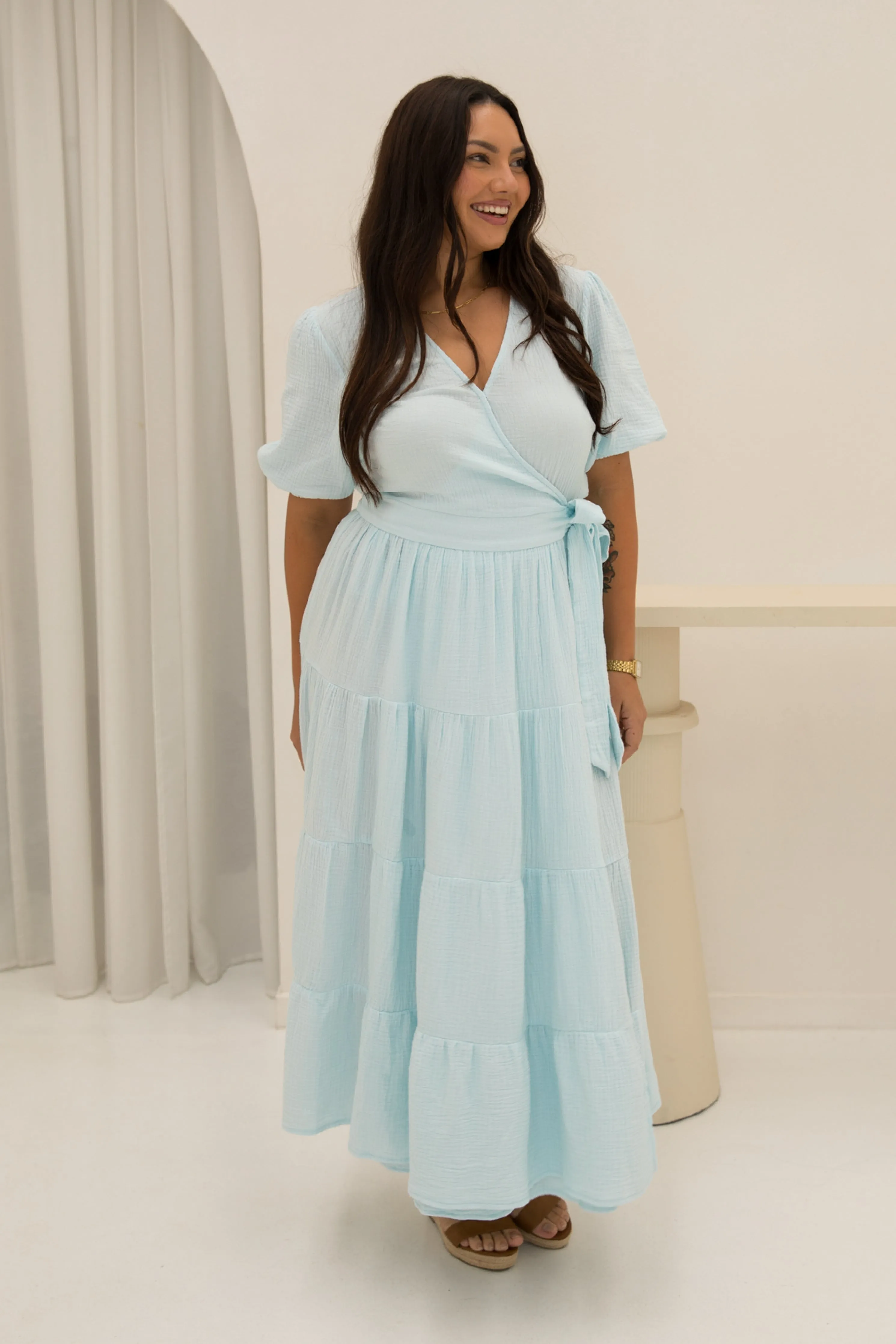 FINAL SALE Ruffle Wrap Dress in Powder Blue
