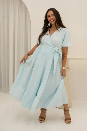 FINAL SALE Ruffle Wrap Dress in Powder Blue