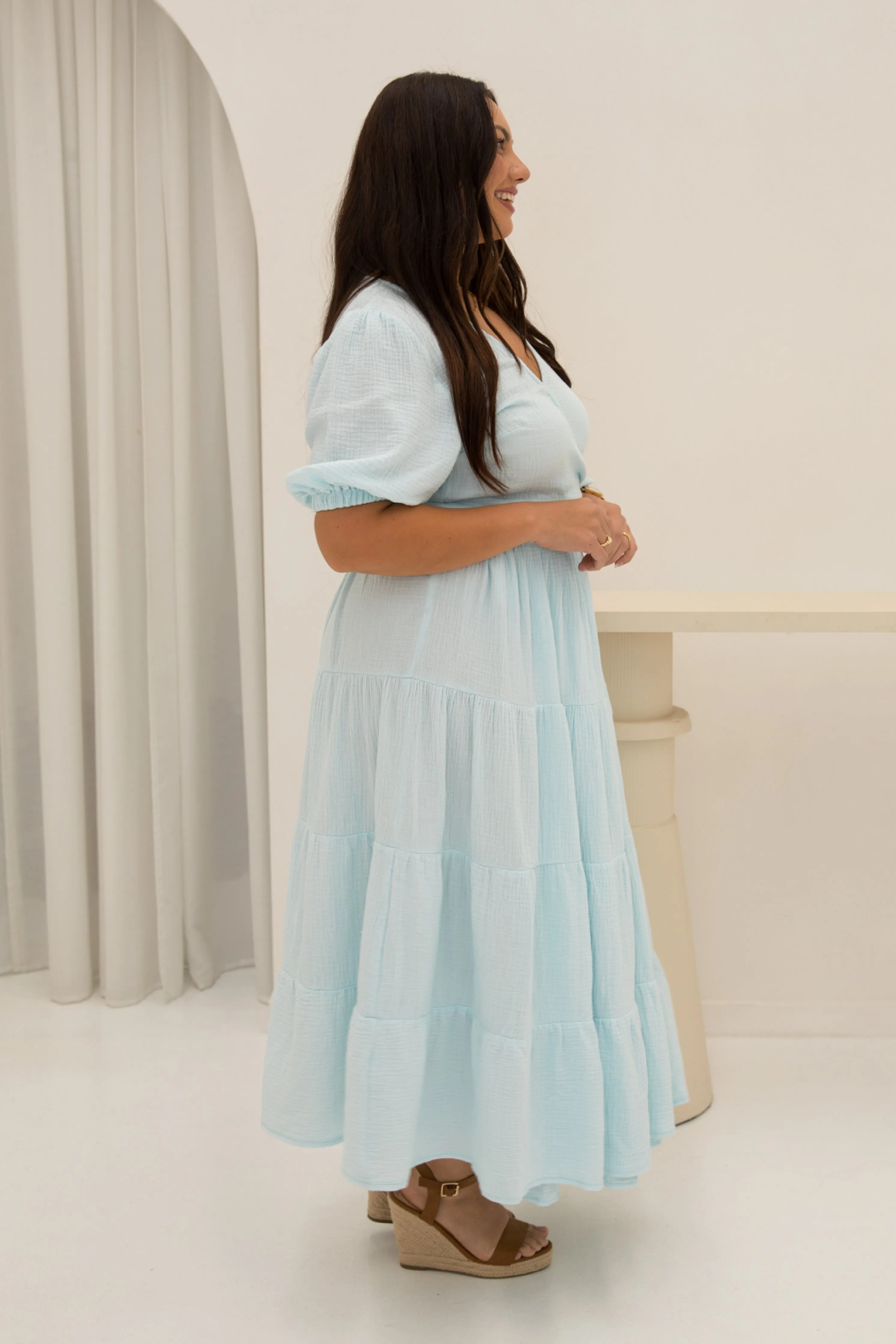 FINAL SALE Ruffle Wrap Dress in Powder Blue