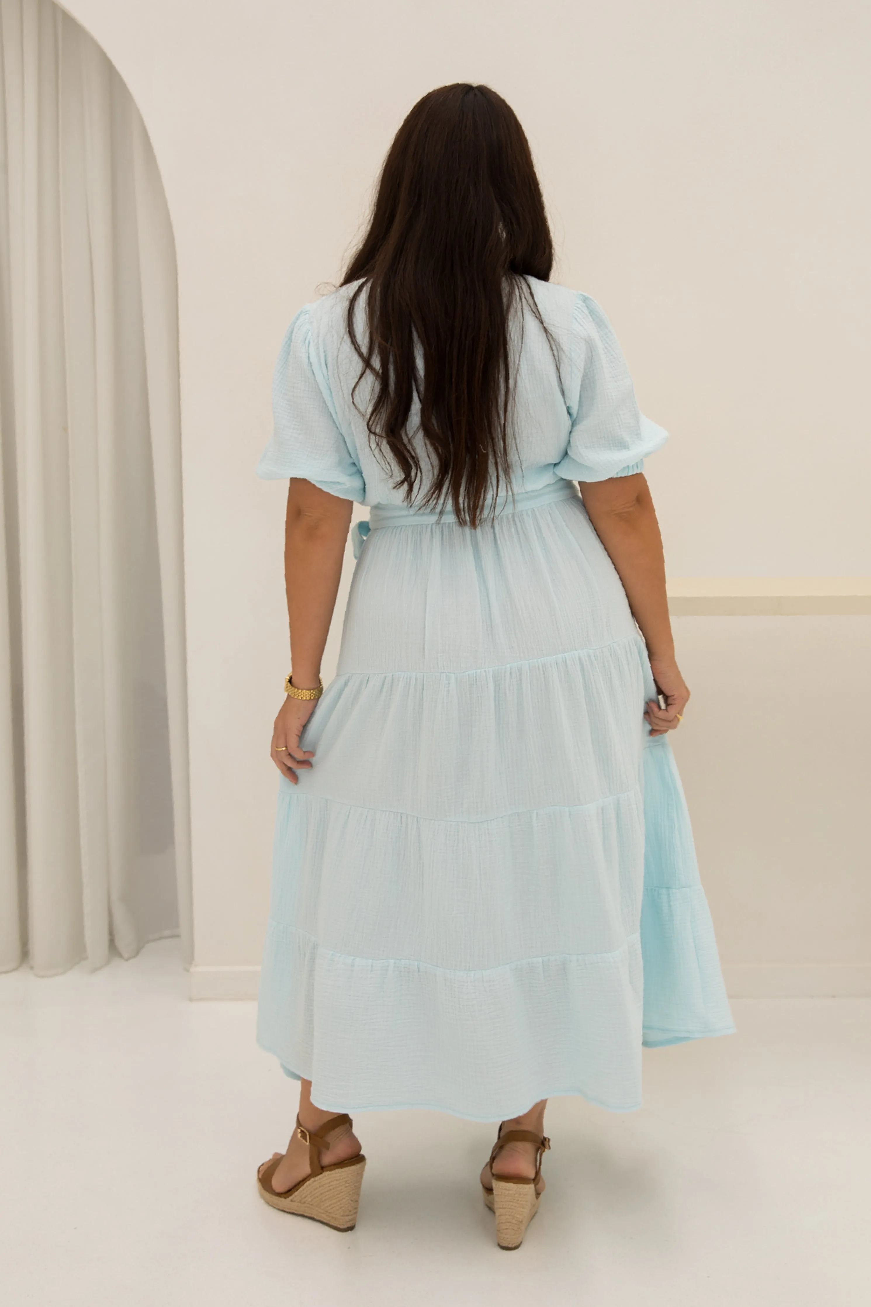 FINAL SALE Ruffle Wrap Dress in Powder Blue