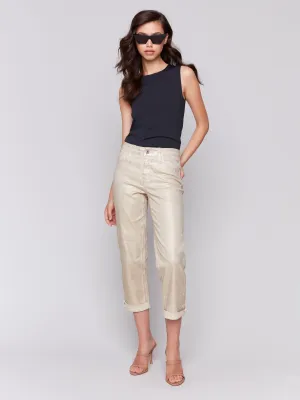 Foiled Straight Leg Pants with Cuffed Hem - Natural