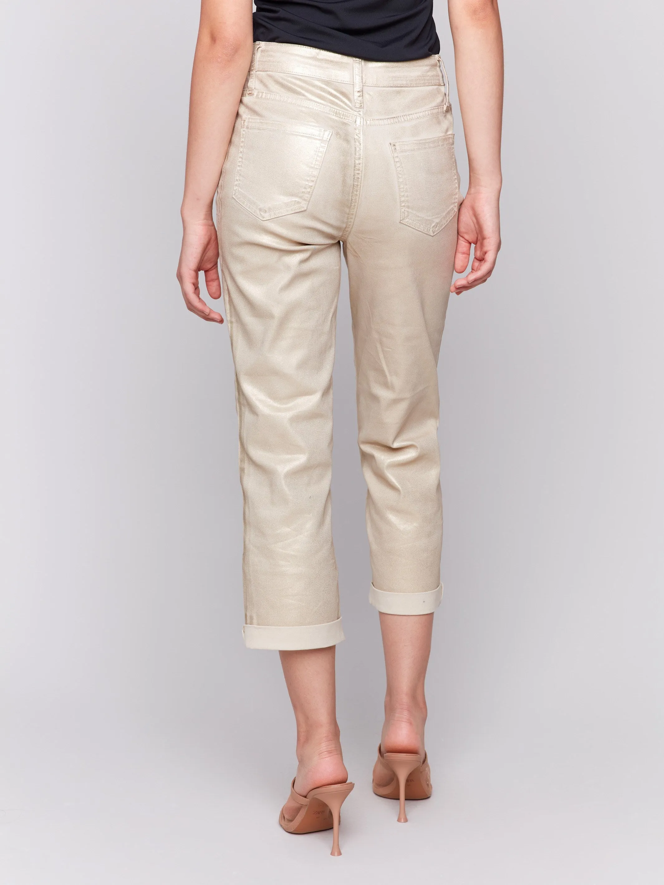 Foiled Straight Leg Pants with Cuffed Hem - Natural
