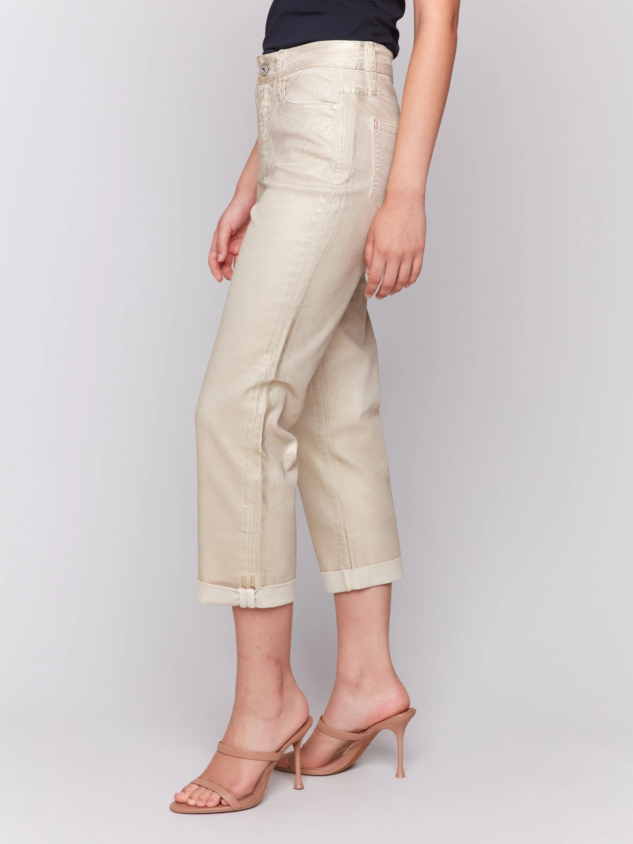 Foiled Straight Leg Pants with Cuffed Hem - Natural