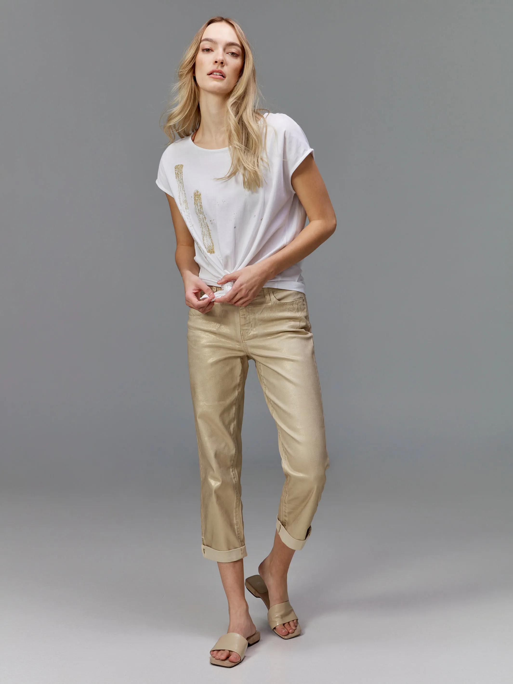 Foiled Straight Leg Pants with Cuffed Hem - Natural