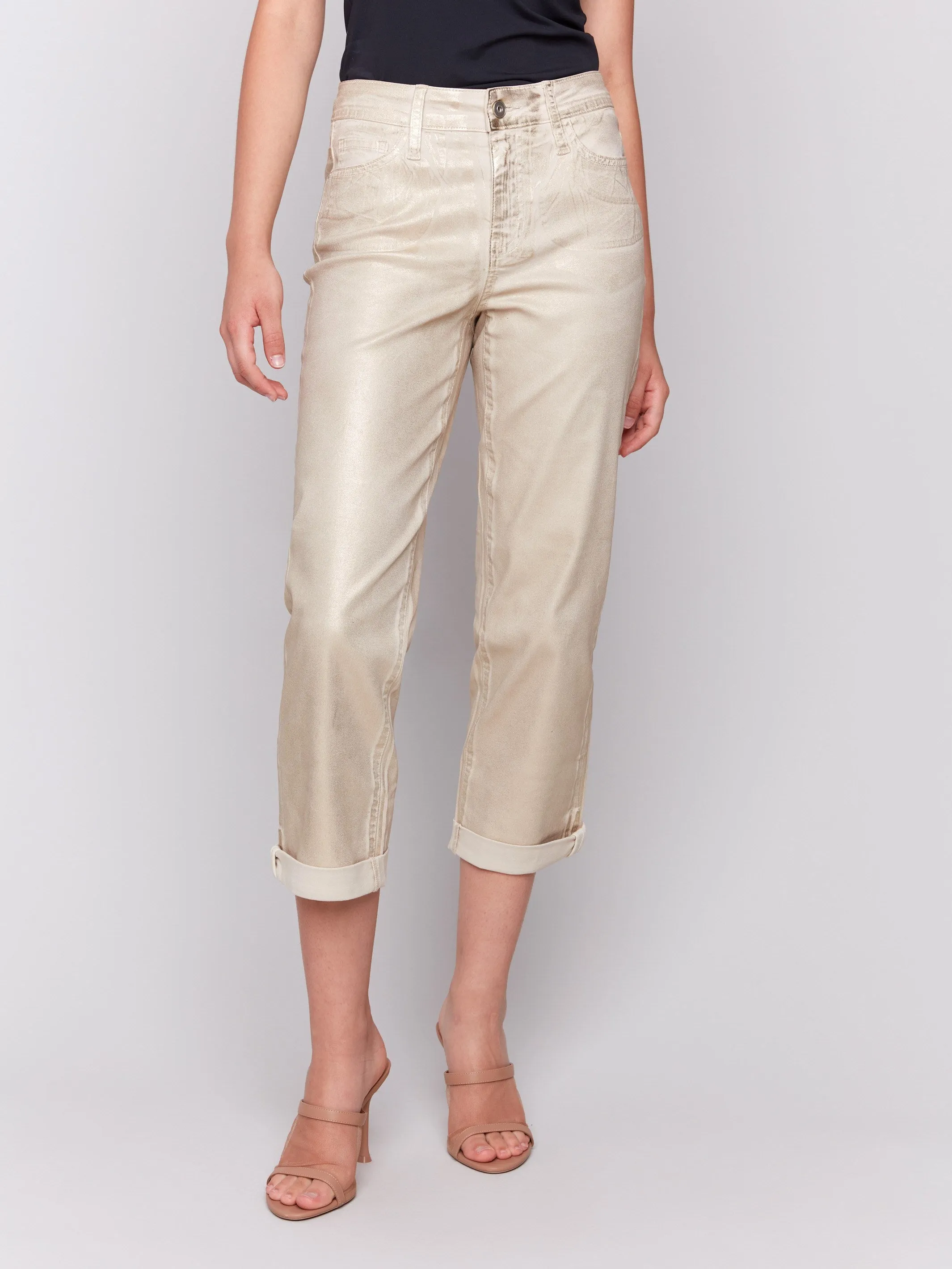 Foiled Straight Leg Pants with Cuffed Hem - Natural