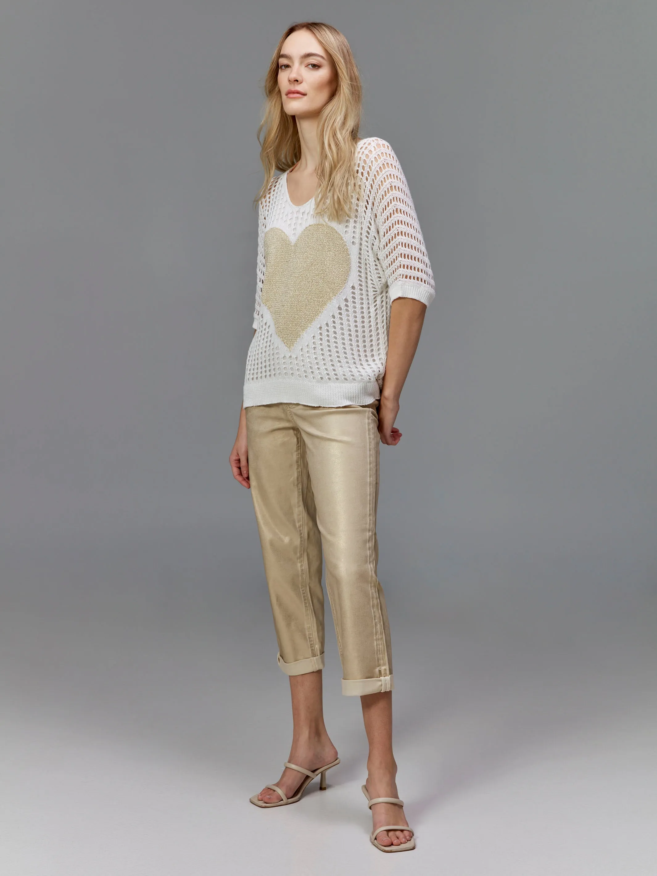 Foiled Straight Leg Pants with Cuffed Hem - Natural