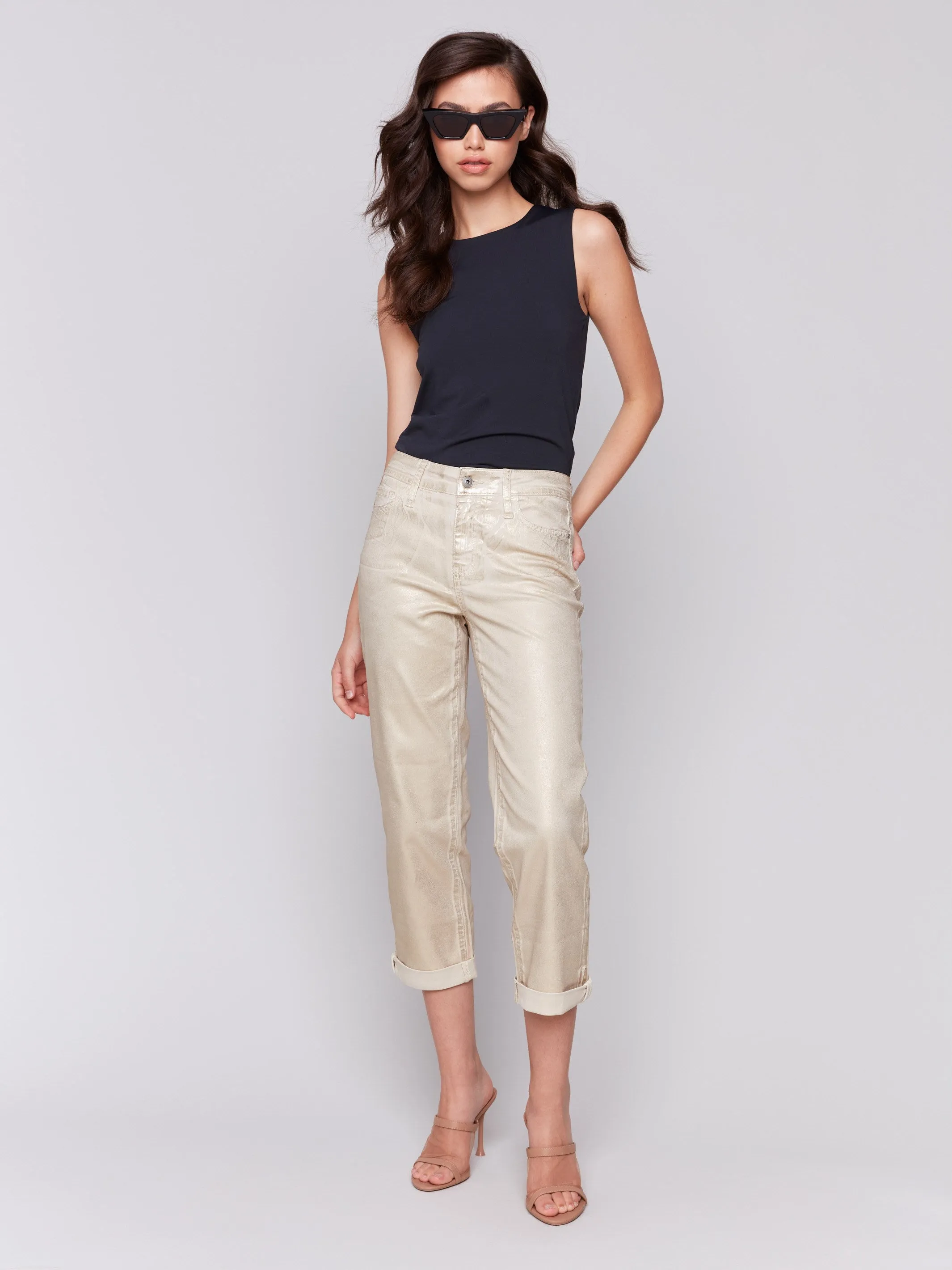 Foiled Straight Leg Pants with Cuffed Hem - Natural