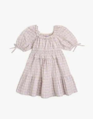 Gingham Tiered Dress with Tie Sleeves