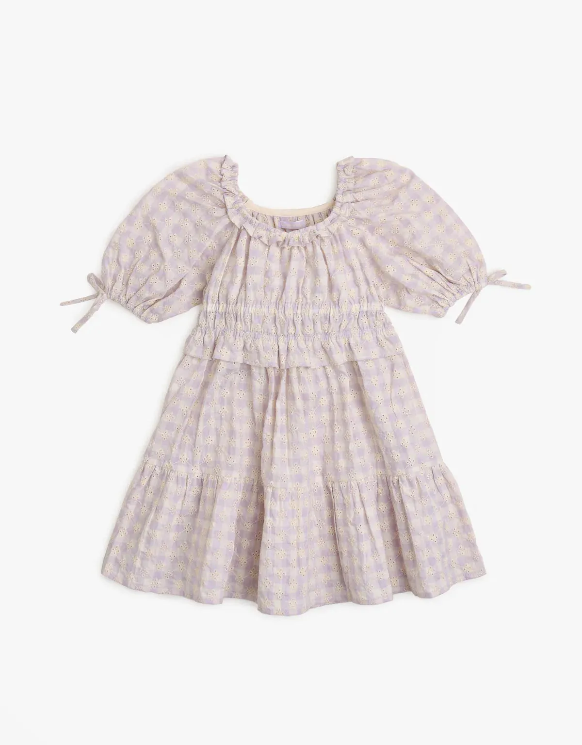 Gingham Tiered Dress with Tie Sleeves
