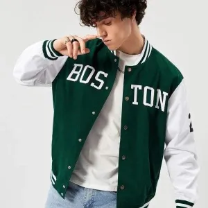 Green & White Boston Printer Baseball Jacket | Trendy & Comfortable Sportswear