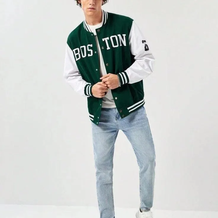 Green & White Boston Printer Baseball Jacket | Trendy & Comfortable Sportswear