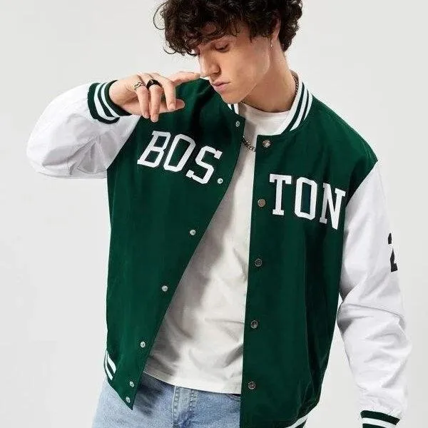 Green & White Boston Printer Baseball Jacket | Trendy & Comfortable Sportswear