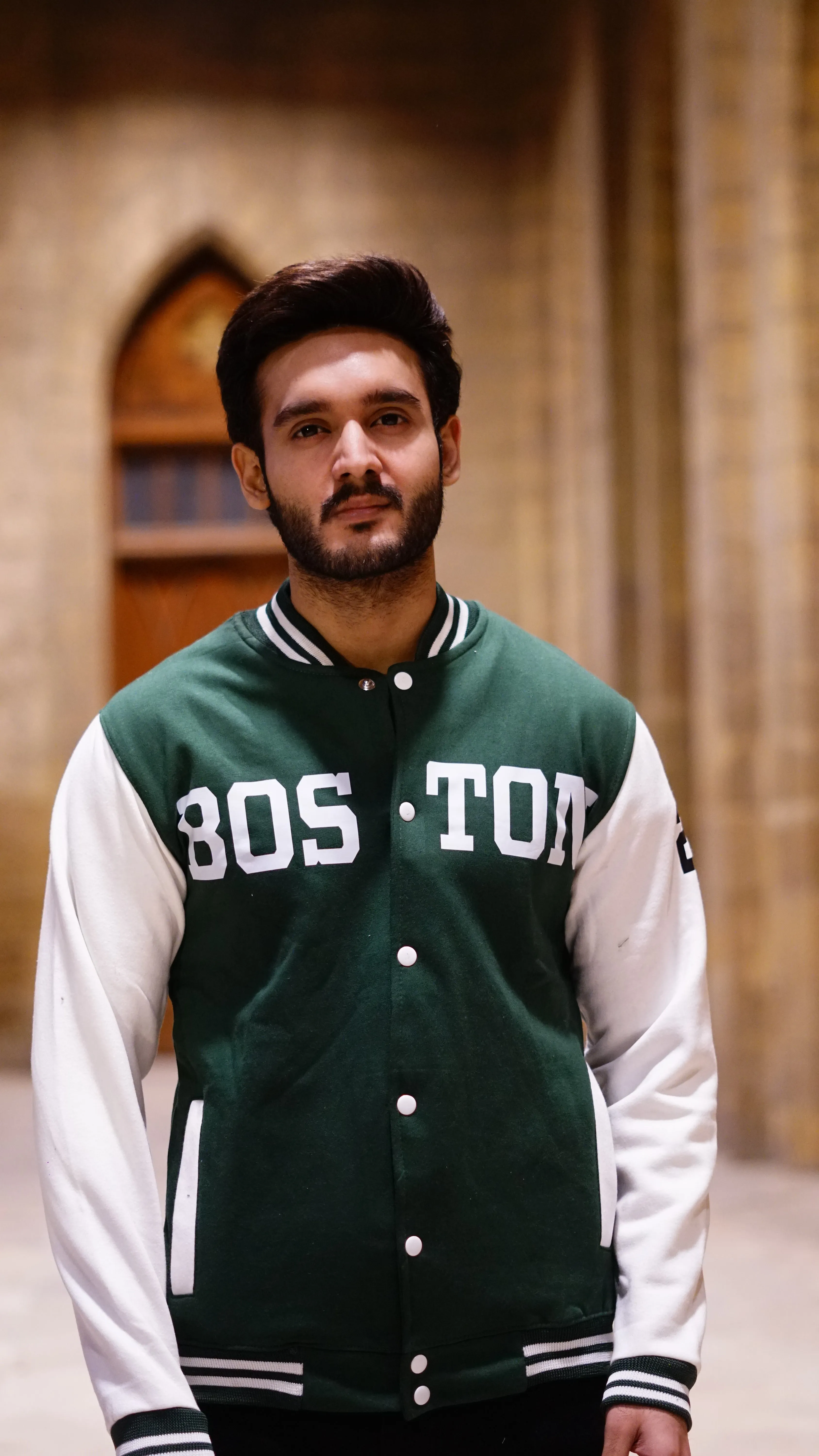 Green & White Boston Printer Baseball Jacket | Trendy & Comfortable Sportswear