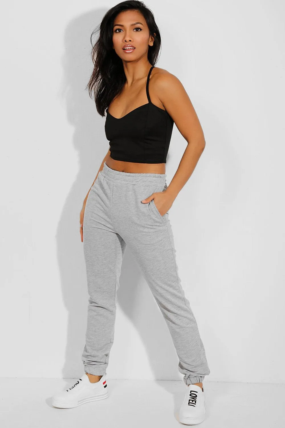 GREY ELASTICATED WAIST CUFFED HEM SIDE POCKETS JOGGERS