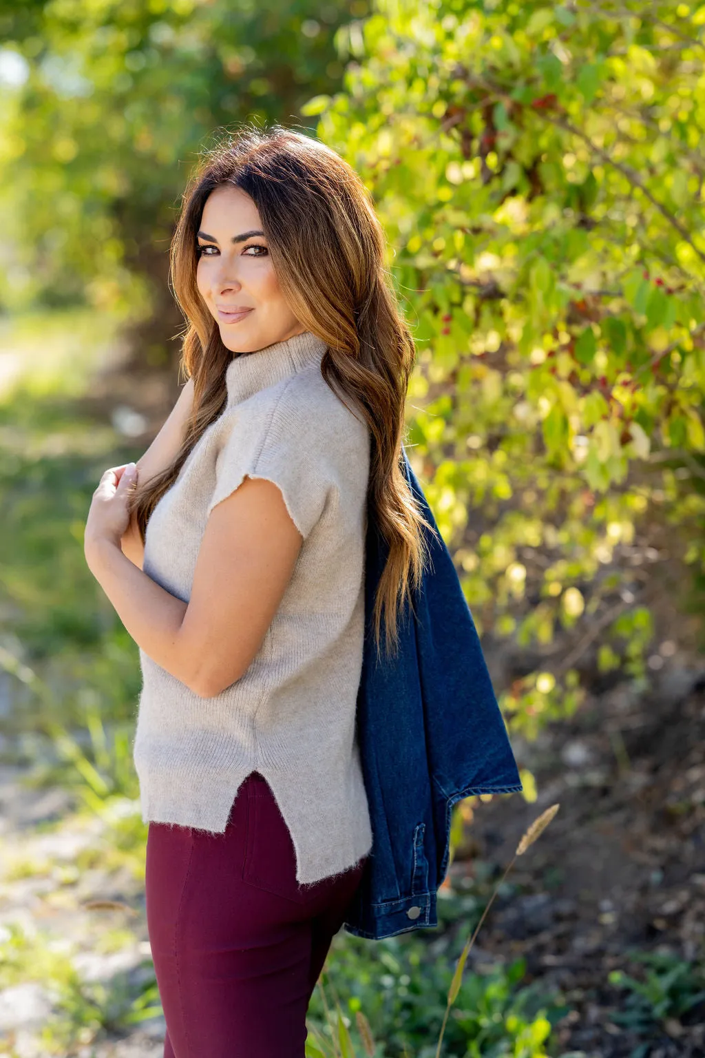 Heathered Mock Neck Short Sleeve Sweater
