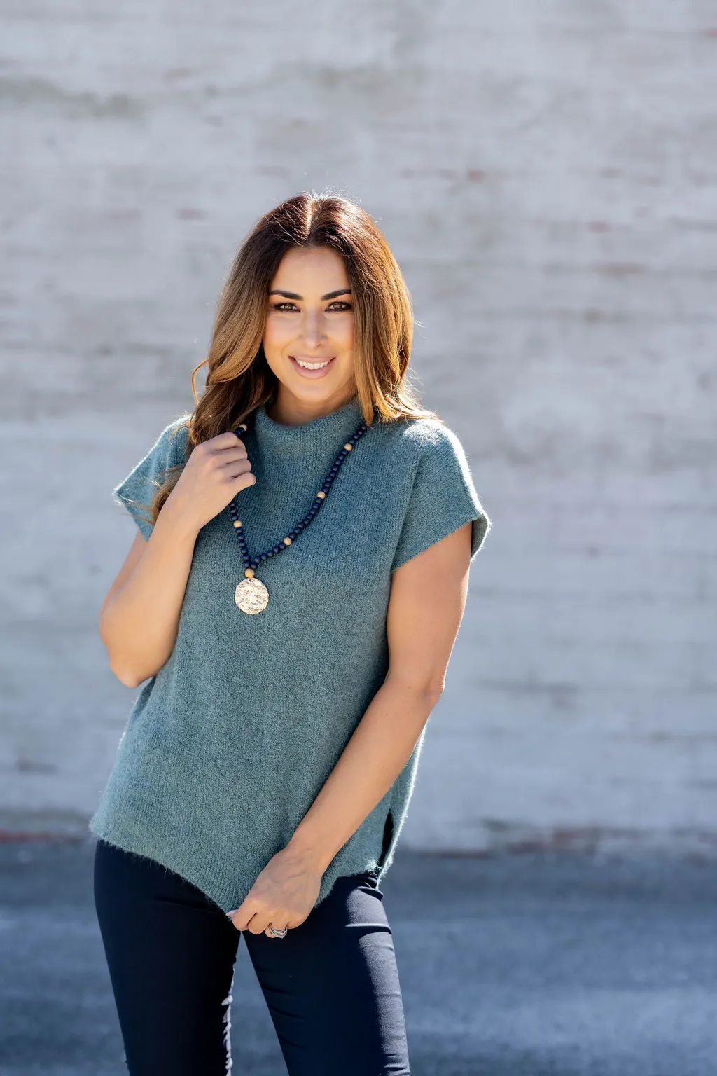 Heathered Mock Neck Short Sleeve Sweater