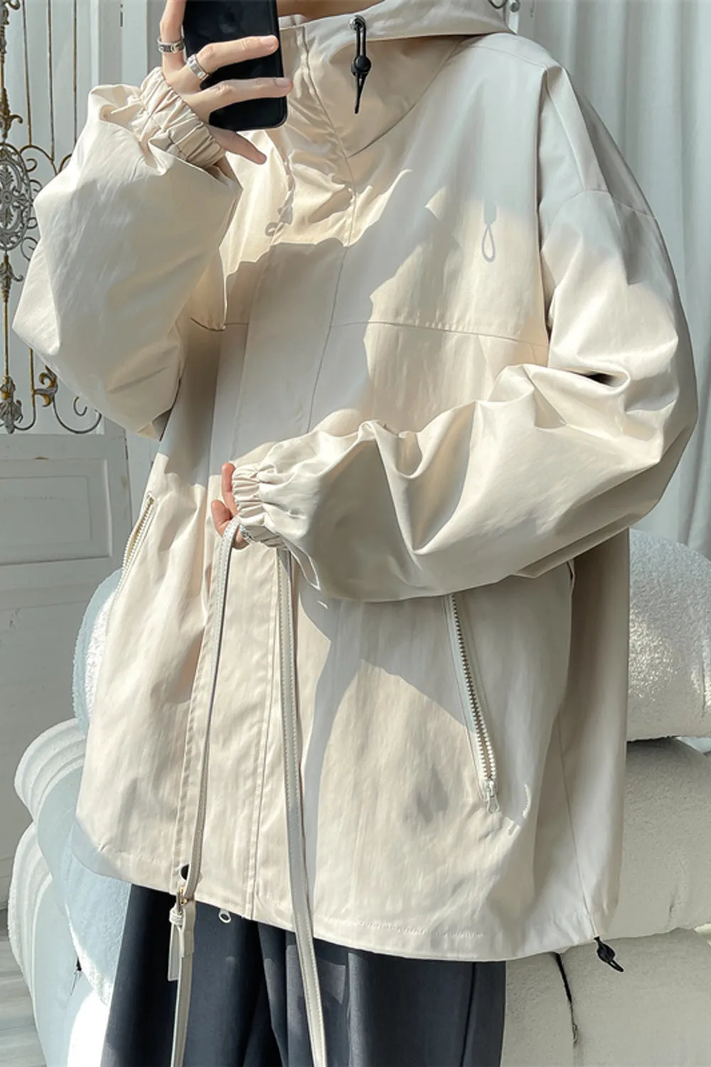 High Neck Hooded Cargo Windbreaker Jacket