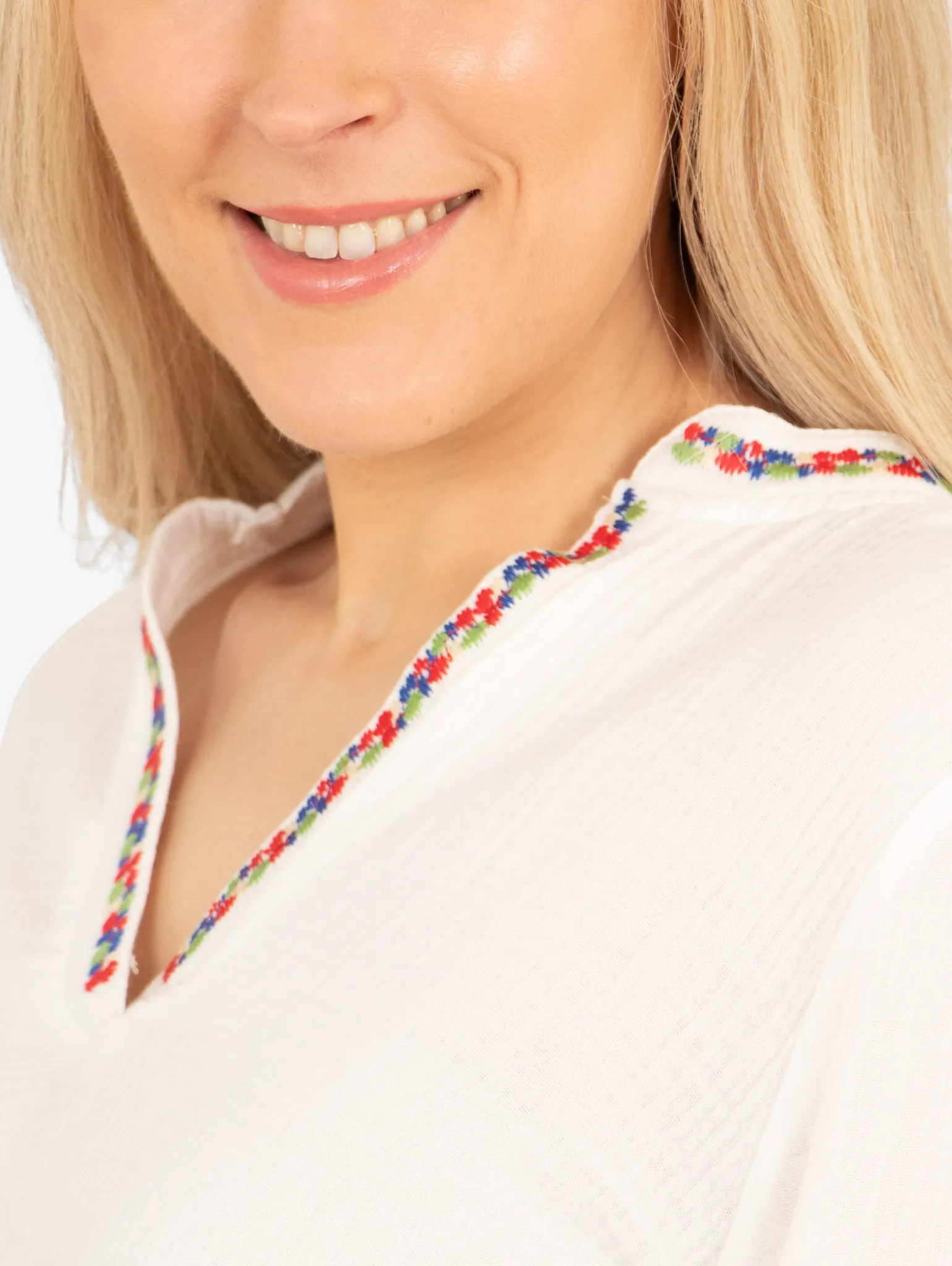 Honey Long Sleeve Cotton Blouse - White, Floral Embroidery