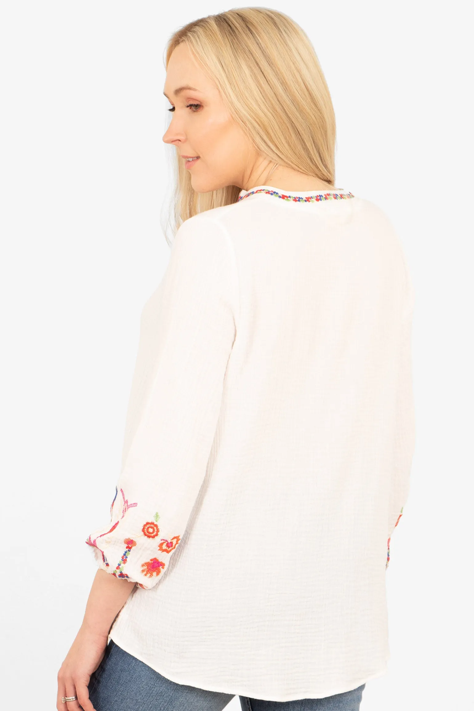 Honey Long Sleeve Cotton Blouse - White, Floral Embroidery