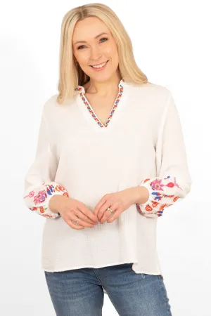 Honey Long Sleeve Cotton Blouse - White, Floral Embroidery