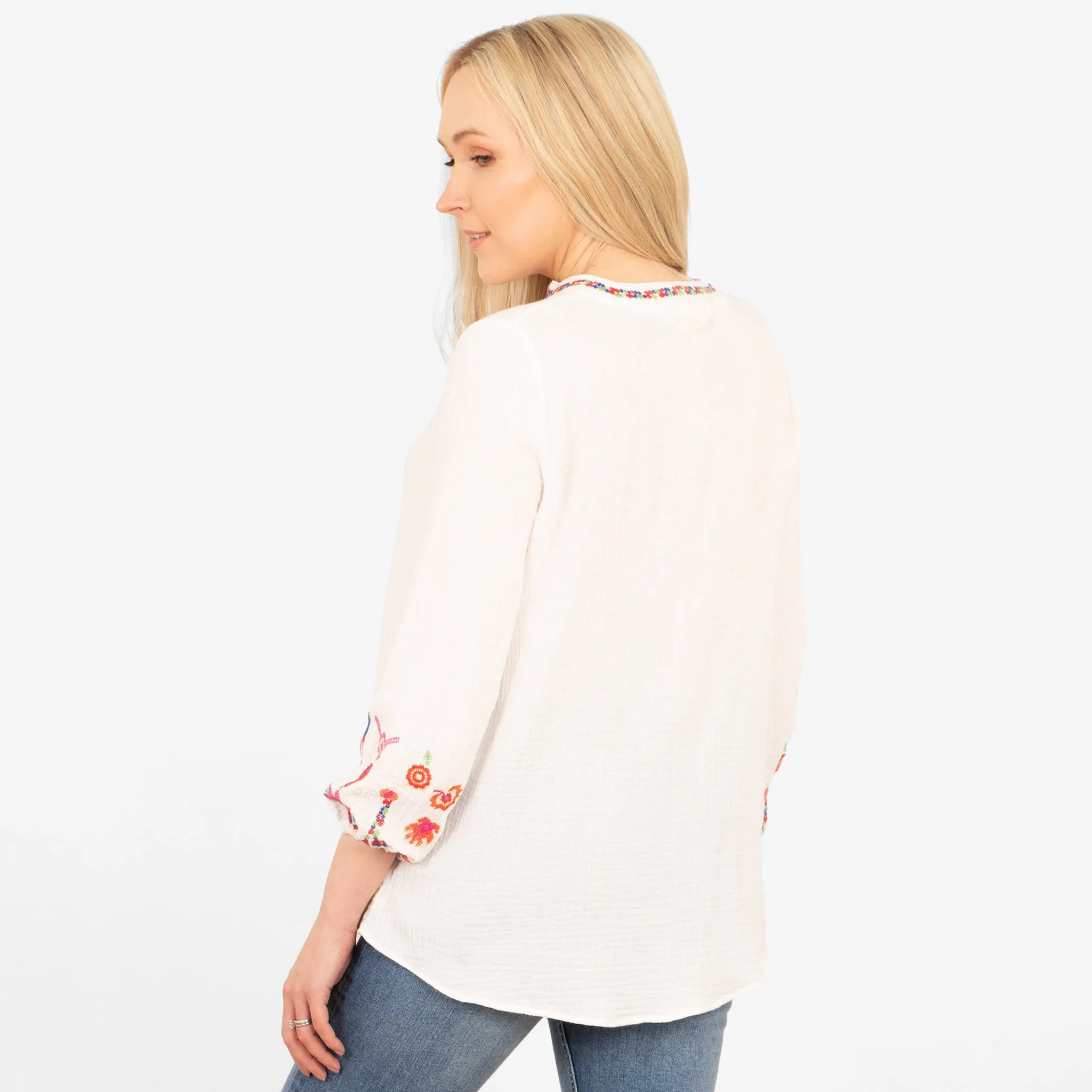 Honey Long Sleeve Cotton Blouse - White, Floral Embroidery