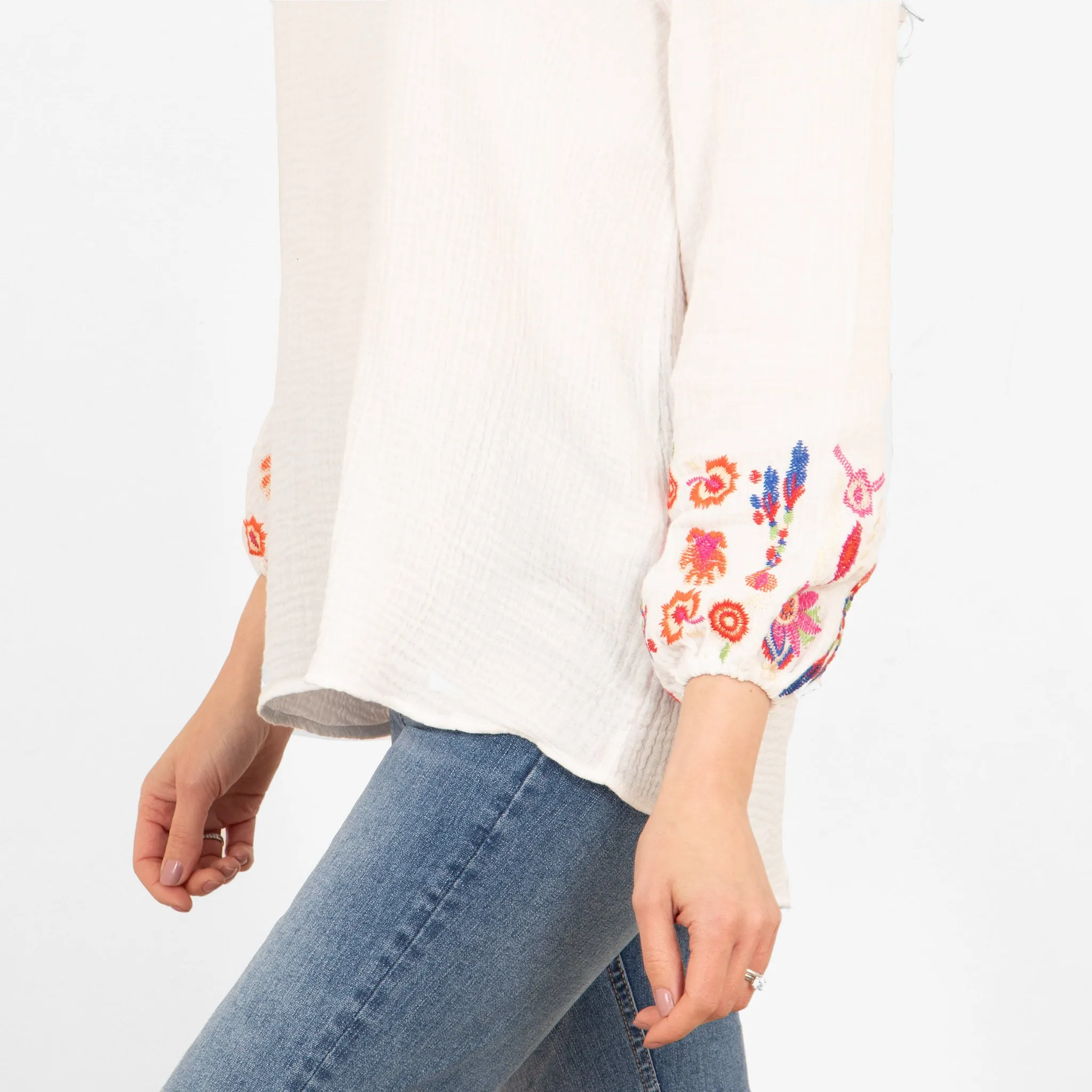 Honey Long Sleeve Cotton Blouse - White, Floral Embroidery