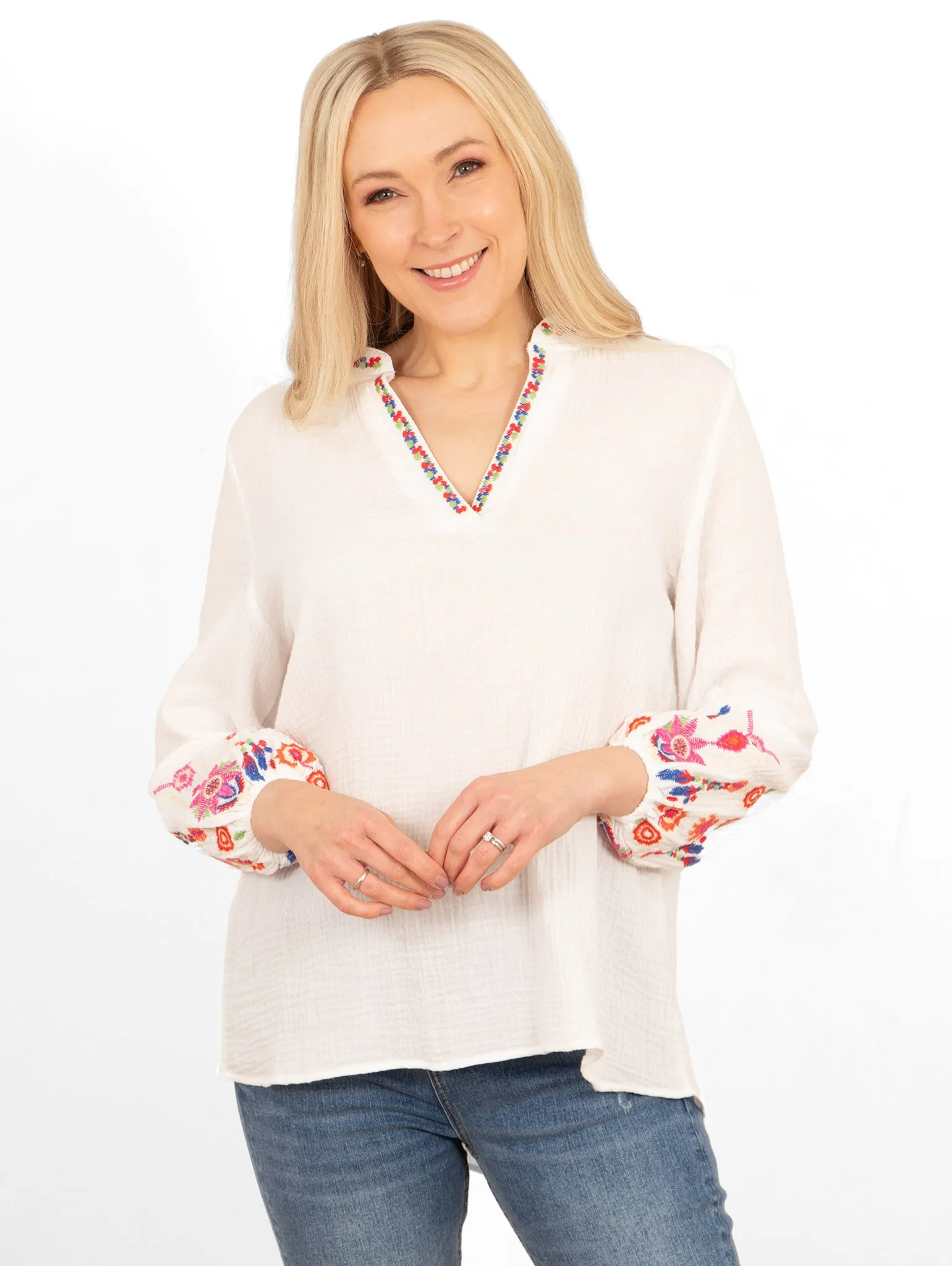 Honey Long Sleeve Cotton Blouse - White, Floral Embroidery