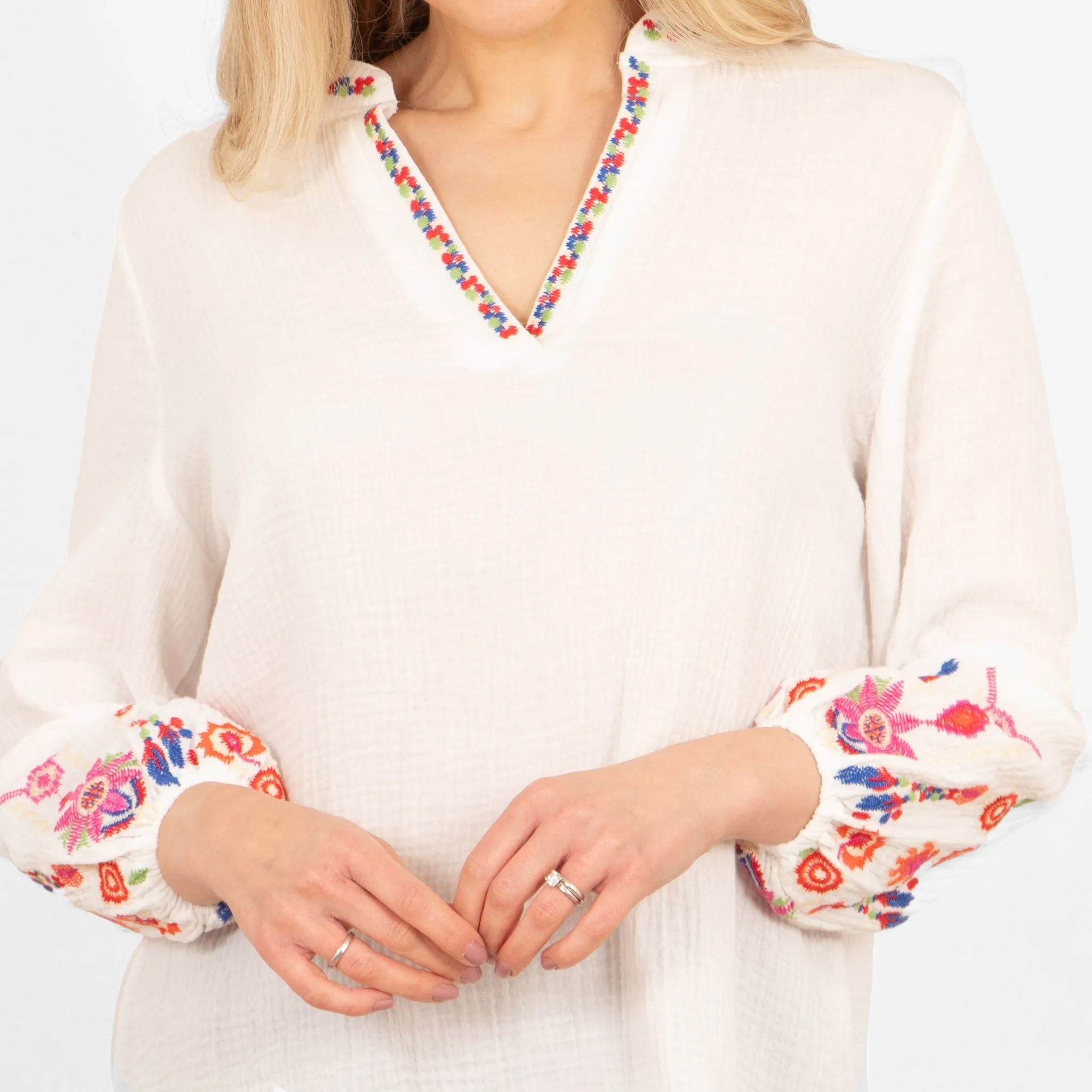 Honey Long Sleeve Cotton Blouse - White, Floral Embroidery