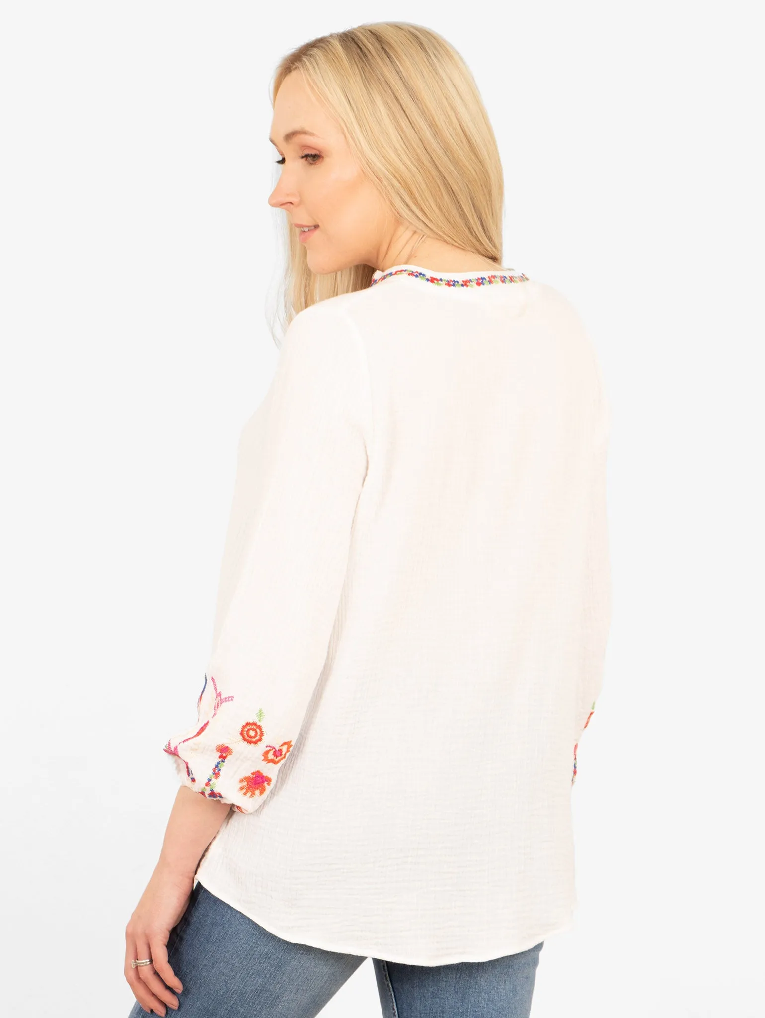 Honey Long Sleeve Cotton Blouse - White, Floral Embroidery