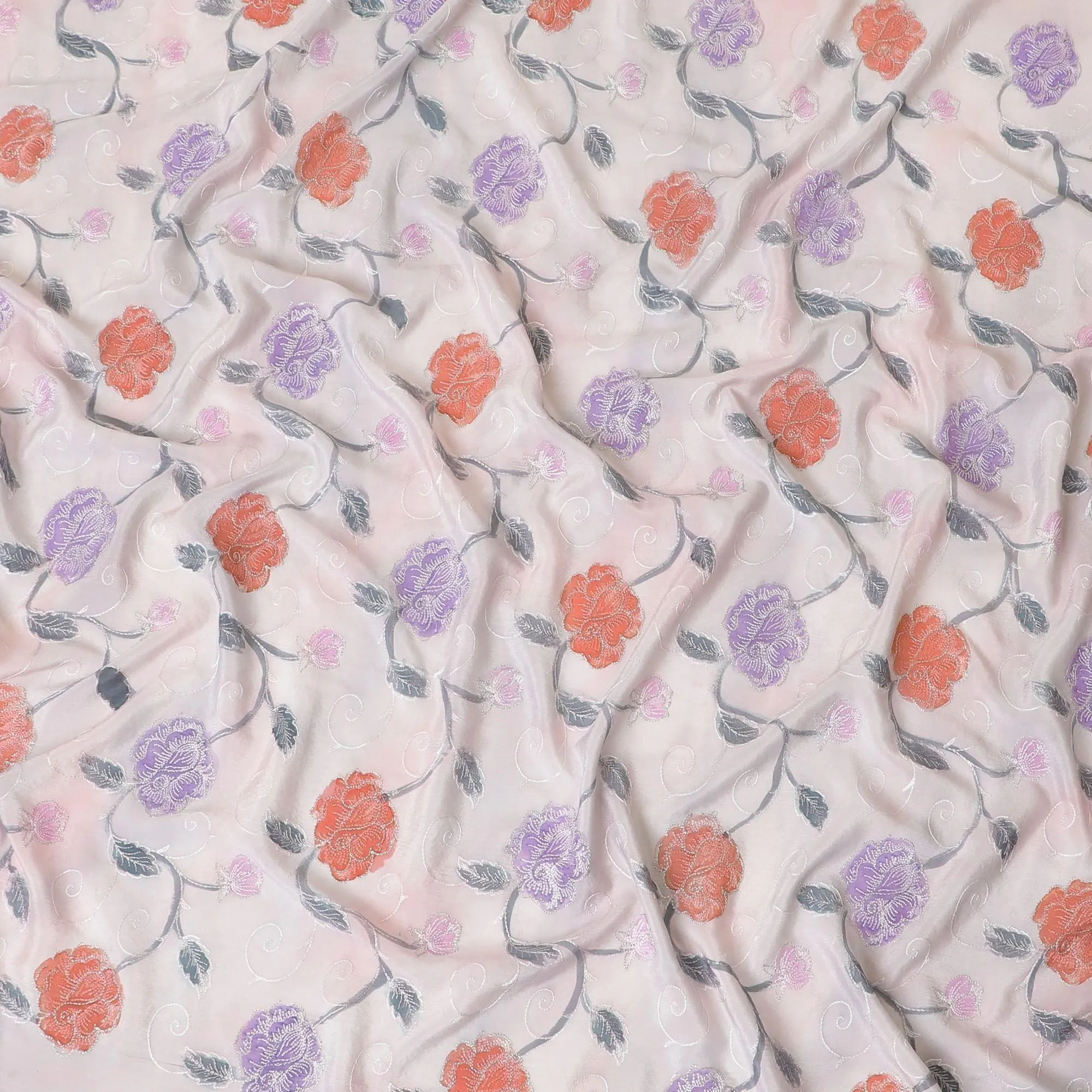Lavender grey pure silk crepe fabric with same tone, brick red and grey print having multicolor embroidery in floral design-D8145