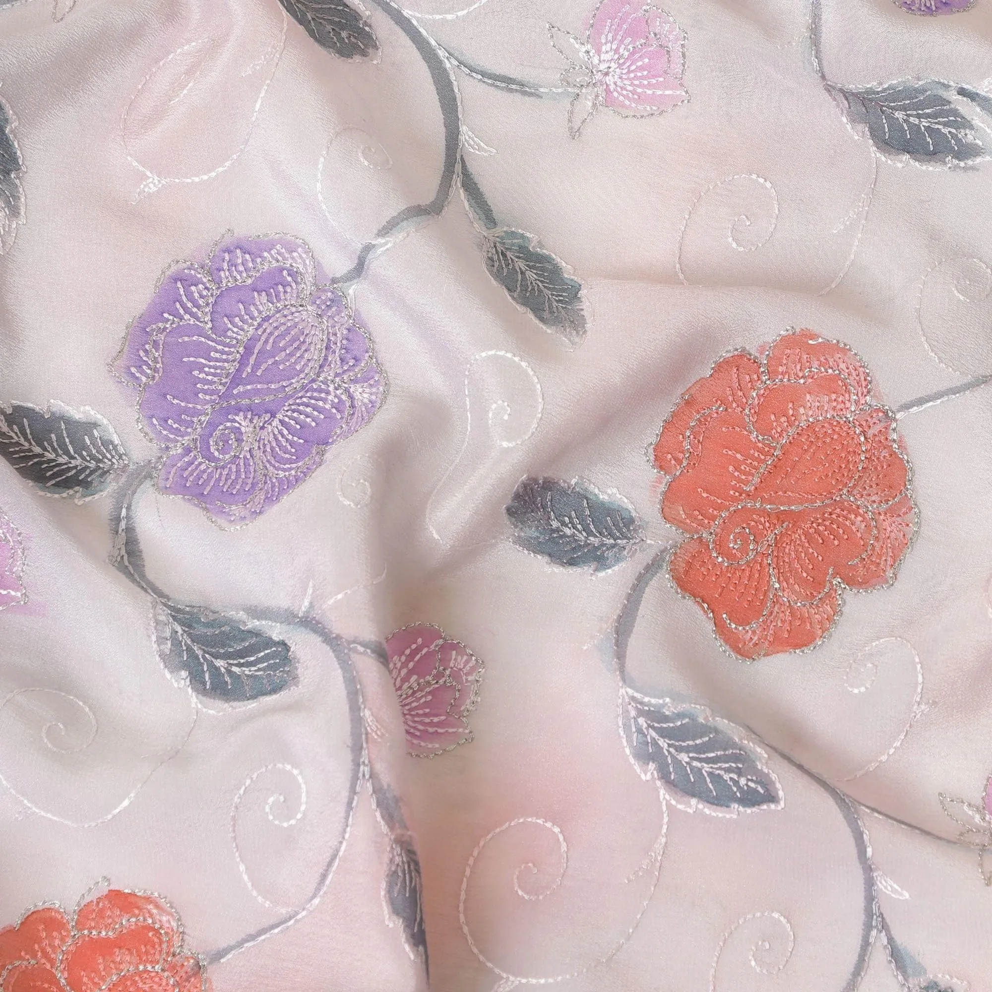Lavender grey pure silk crepe fabric with same tone, brick red and grey print having multicolor embroidery in floral design-D8145
