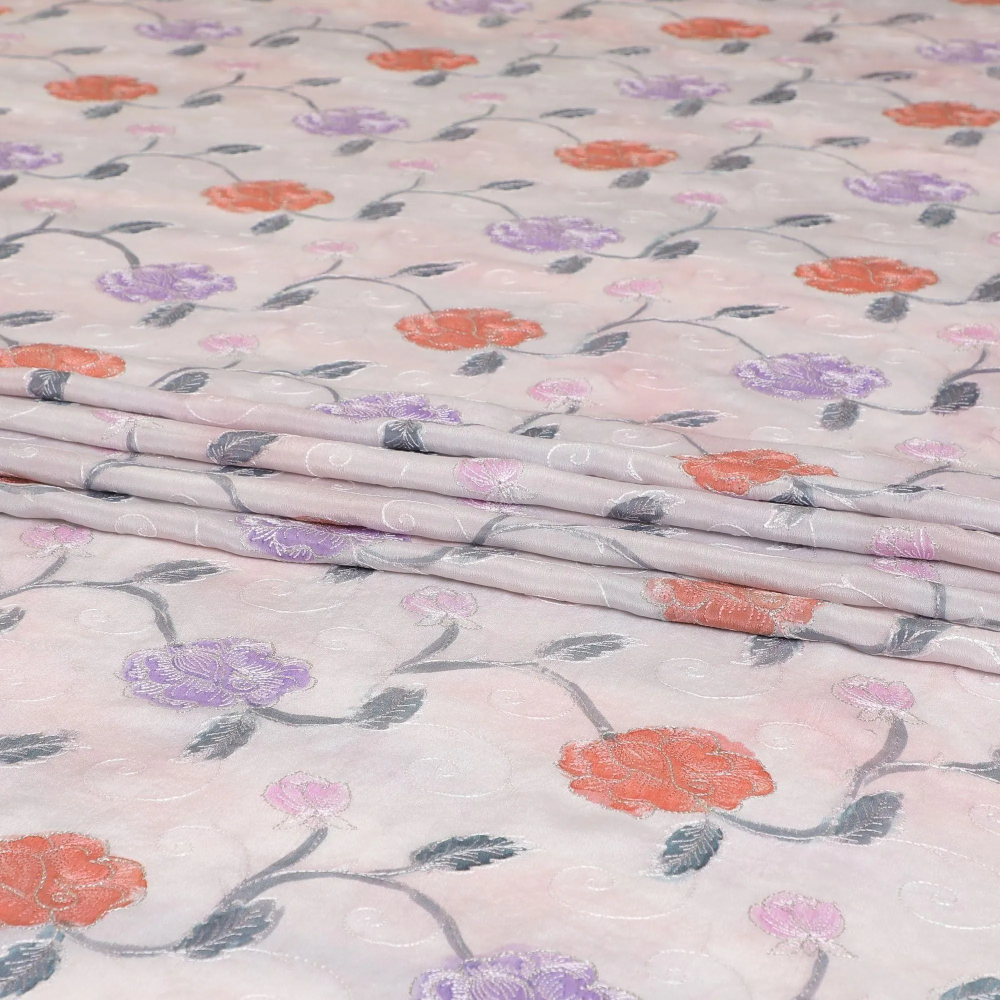 Lavender grey pure silk crepe fabric with same tone, brick red and grey print having multicolor embroidery in floral design-D8145