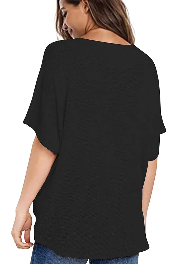 Loose Blouse Short Sleeve V Neck Button Down T Shirt Tie Front Knot Casual Tops