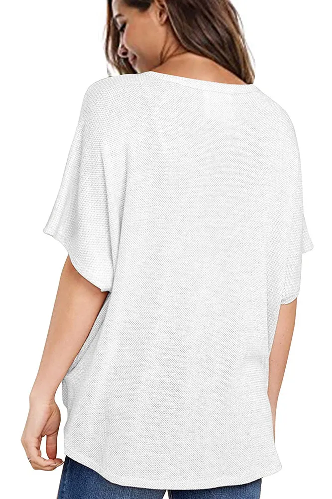 Loose Blouse Short Sleeve V Neck Button Down T Shirt Tie Front Knot Casual Tops