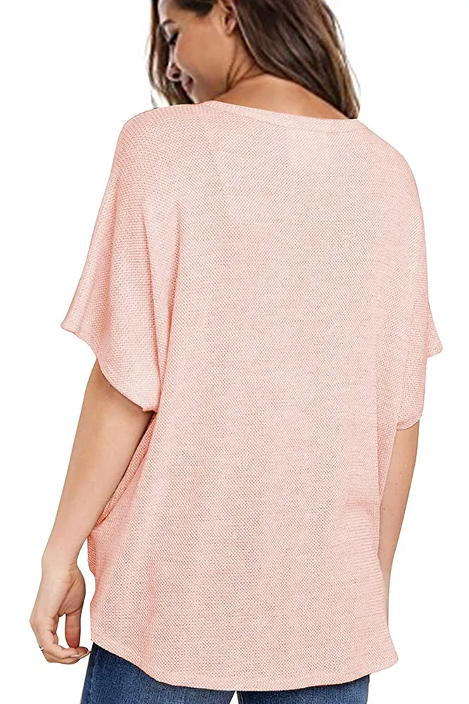 Loose Blouse Short Sleeve V Neck Button Down T Shirt Tie Front Knot Casual Tops