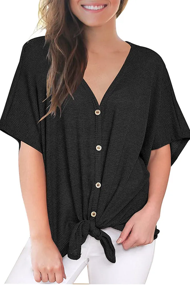 Loose Blouse Short Sleeve V Neck Button Down T Shirt Tie Front Knot Casual Tops