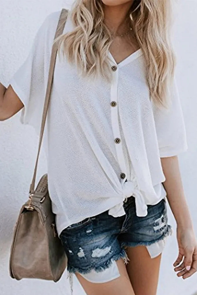 Loose Blouse Short Sleeve V Neck Button Down T Shirt Tie Front Knot Casual Tops