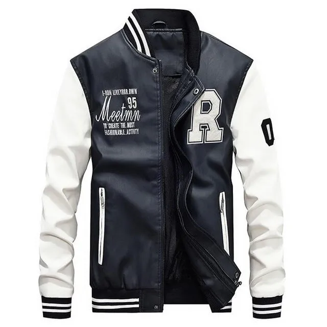 Men's 77city Embroidery Imitation Leather Fleece Letter Stand Jacket