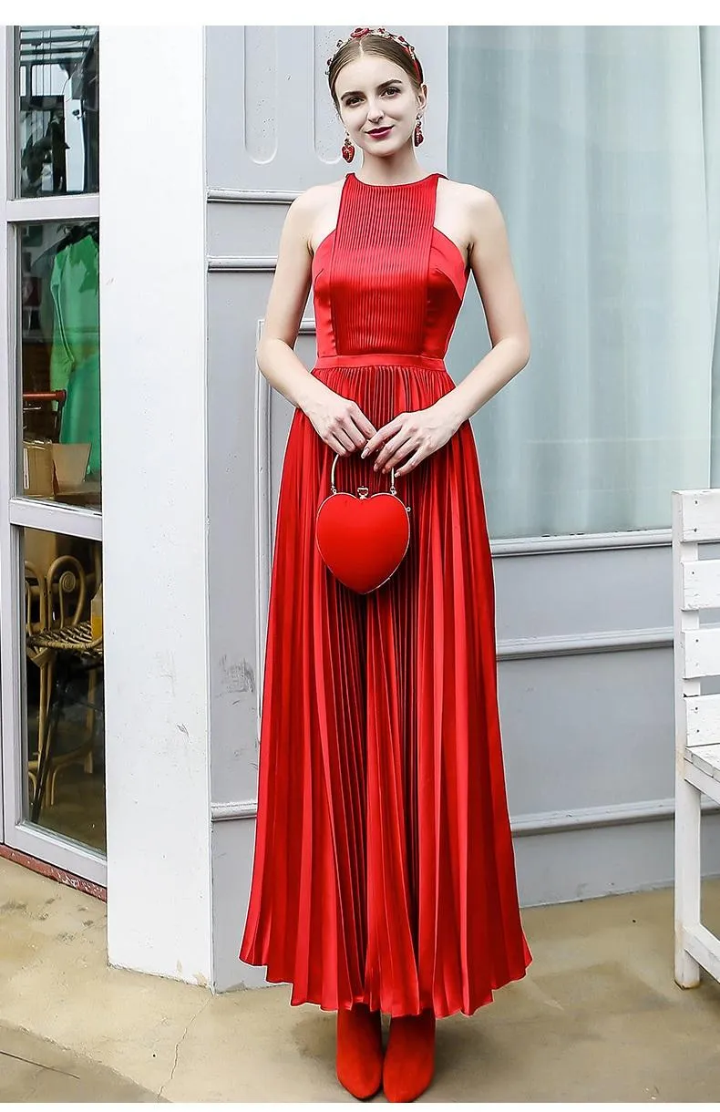 Piano Pleat Midi 1950's sleeveless elegant backless sexy pleated cocktail red midi dress- Florenci