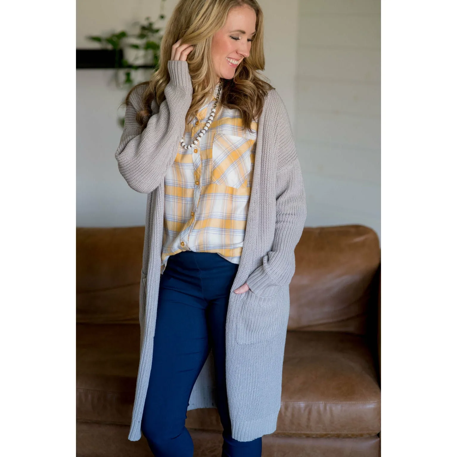 Plaid Button Up Pocket Blouse - Mustard