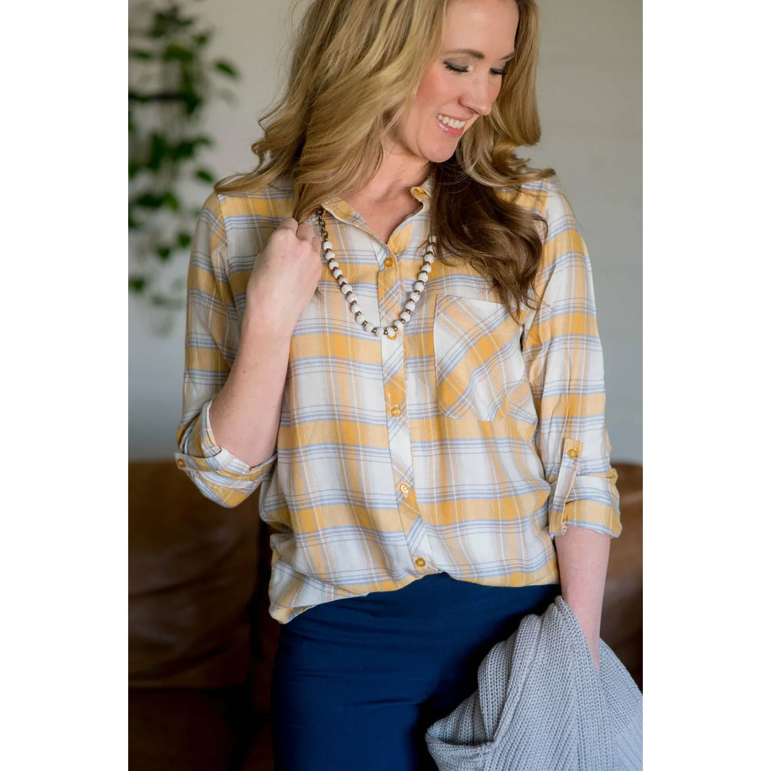 Plaid Button Up Pocket Blouse - Mustard